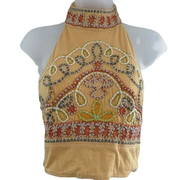 Free People Goa Embroidered Crop Top Yellow Size XS Tie Back Boho Halter Beaded - Picture 3 of 9